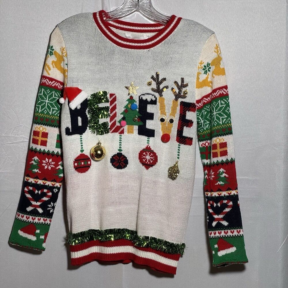 No Boundaries Believe Christmas Sweater M 7-9 3D Reindeer Tinsel Ugly Holiday